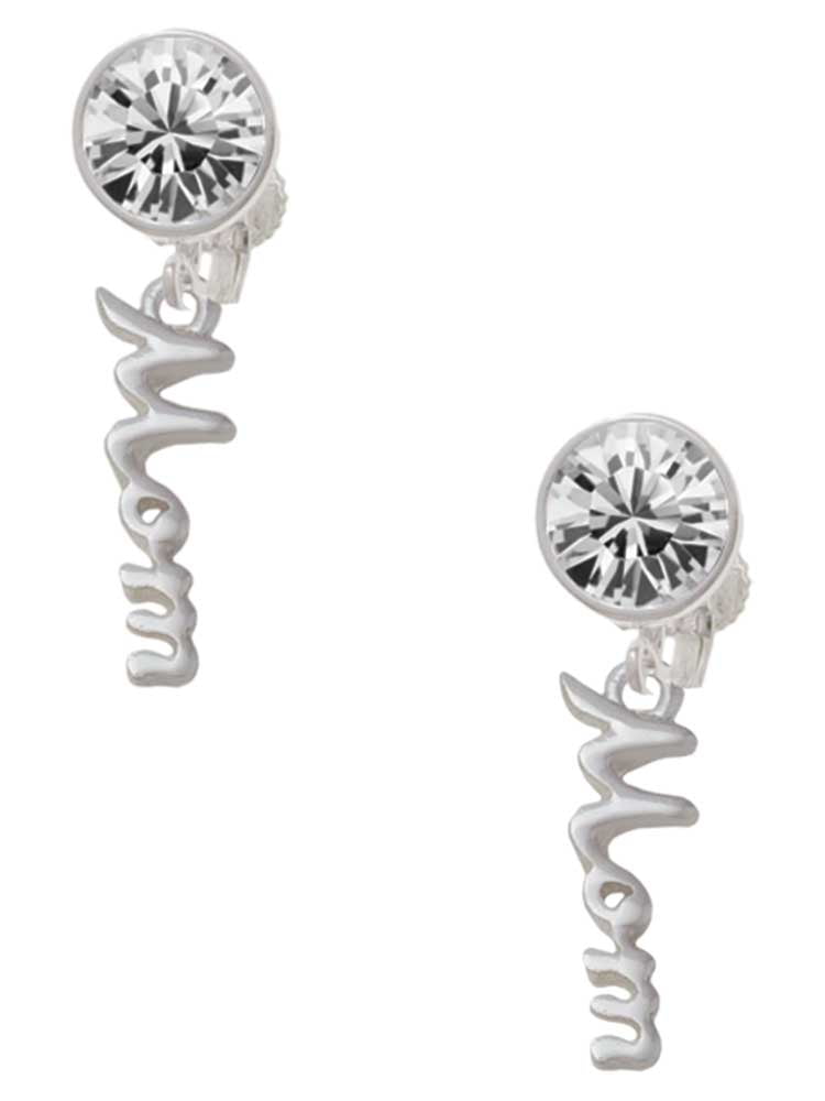 Silvertone Small Mom Script Clear Crystal Clip On Earrings