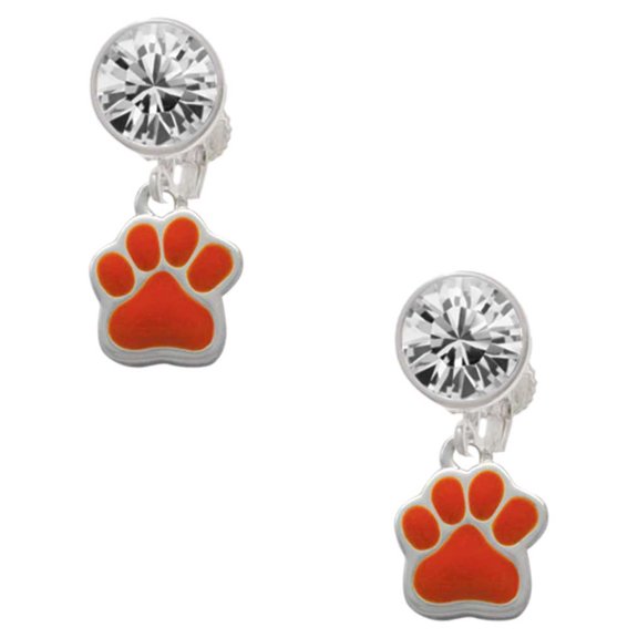 Silvertone Small Orange Paw Clear Crystal Clip On Earrings