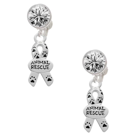 Silvertone Small Paw Print Ribbon ''Animal Rescue'' Clear Crystal Clip On Earrings