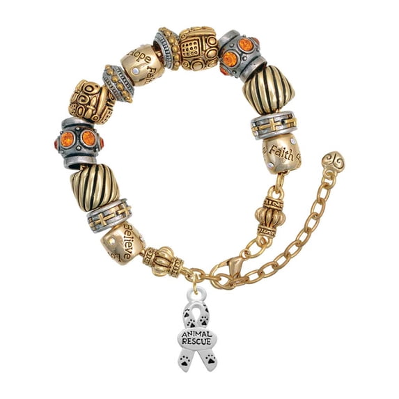 Silvertone Small Paw Print Ribbon ''Animal Rescue'' Two Tone Christian Bead Bracelet