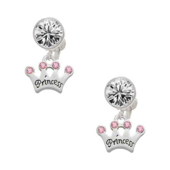 Silvertone Small ''Princess'' Crown with Pink Crystals Clear Crystal Clip On Earrings