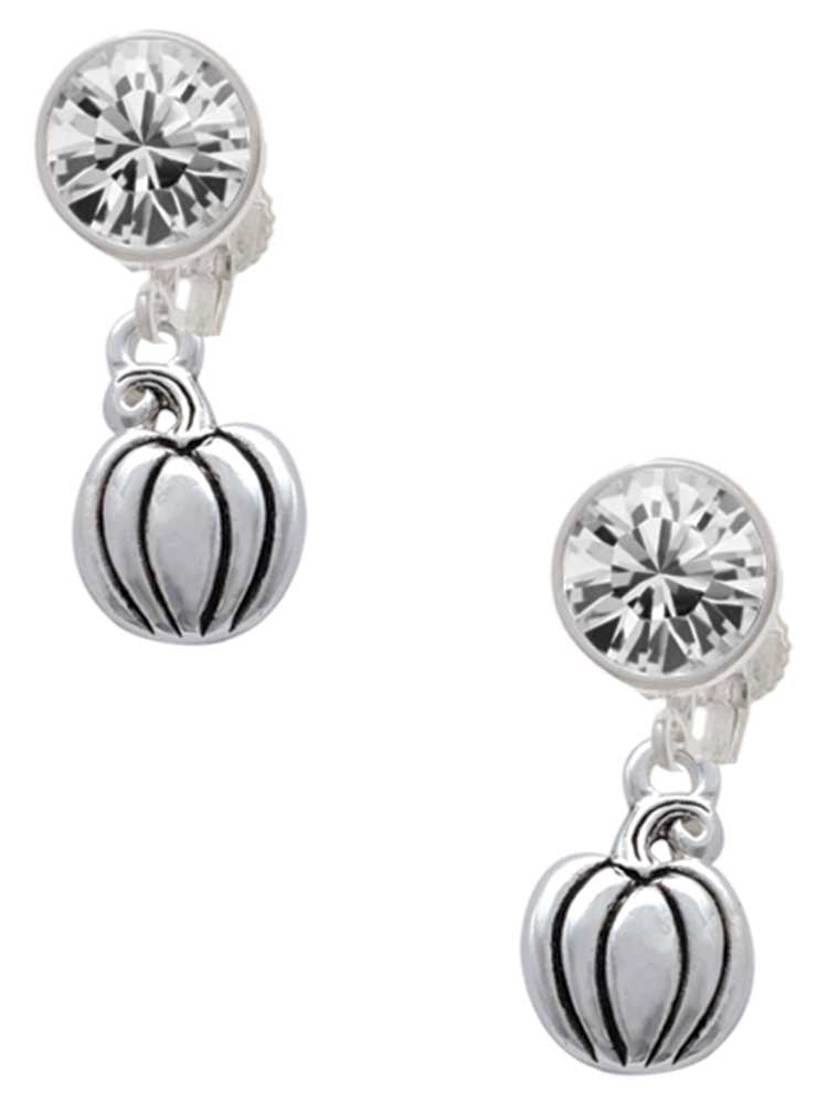 Silvertone Small Pumpkin Clear Crystal Clip On Earrings