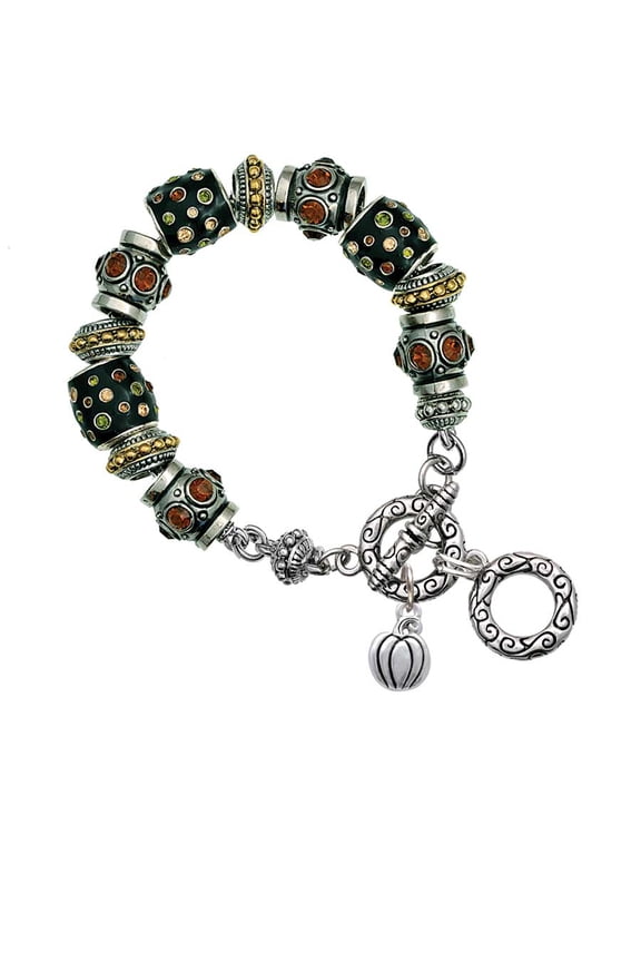 Silvertone Small Pumpkin Fall Crystal Bead Charm Bracelet