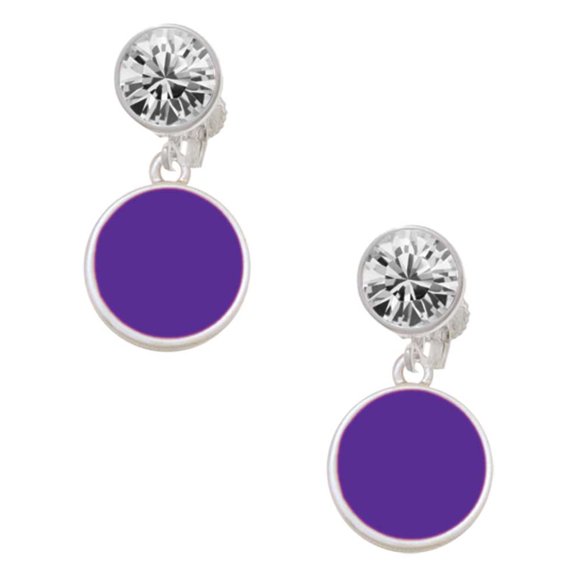 Silvertone Small Purple Enamel Disc Clear Crystal Clip On Earrings