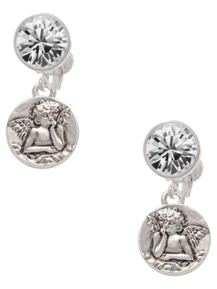 Silvertone Small Raphael Angel on Disc Clear Crystal Clip On Earrings