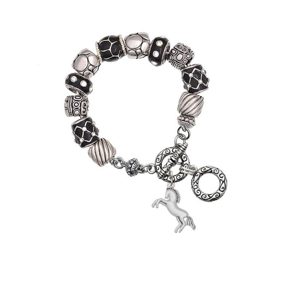 Silvertone Small Rearing Horse Black Pebble Bead Charm Bracelet