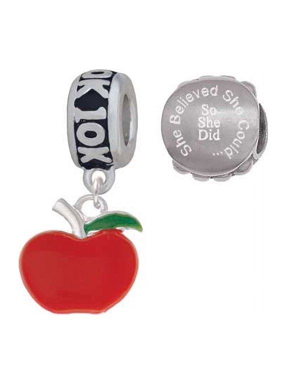 Silvertone Small Red Apple 10K Run She Believed She Could Charm Beads (Set of 2)