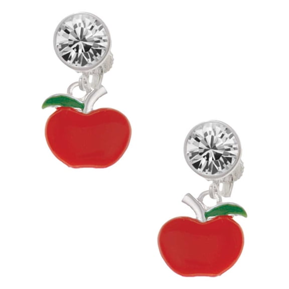 Silvertone Small Red Apple Clear Crystal Clip On Earrings