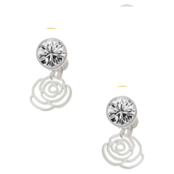 Silvertone Small Rose Outline Clear Crystal Clip On Earrings