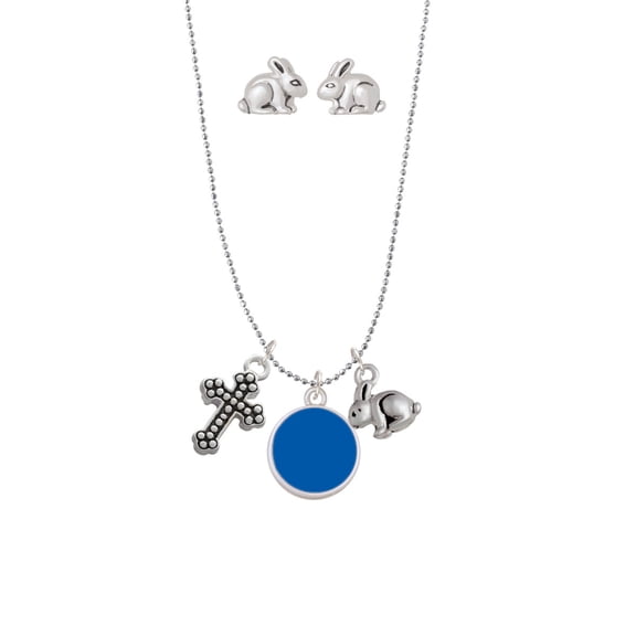 Silvertone Small Royal Blue Enamel Disc Silver Tone Cross and Bunny Necklace and Earrings Set