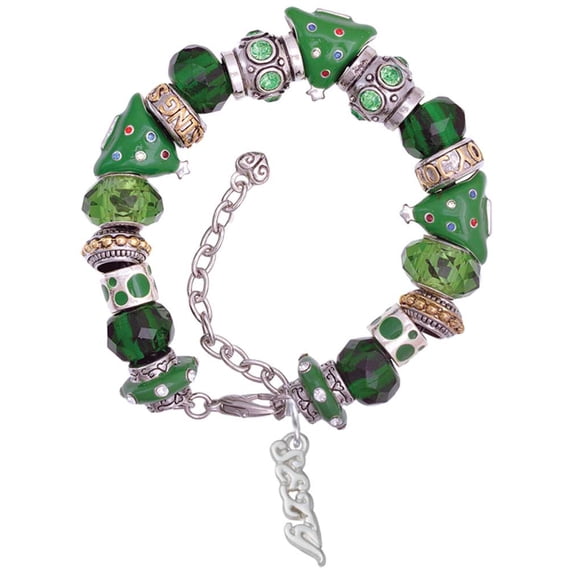 Silvertone Small Sexy Script Green Christmas Bead Bracelet