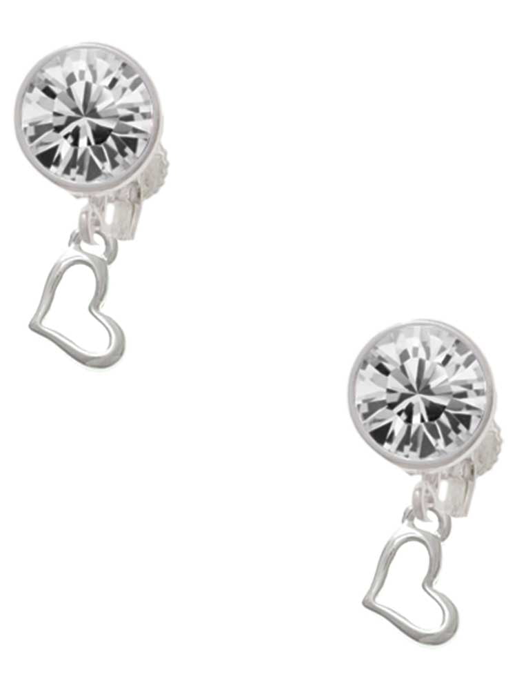Silvertone Small Slanted Open Heart Clear Crystal Clip On Earrings