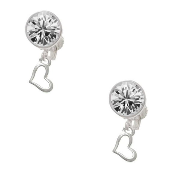 Silvertone Small Slanted Open Heart Clear Crystal Clip On Earrings