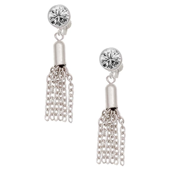 Silvertone Small Tassel Clear Crystal Clip On Earrings