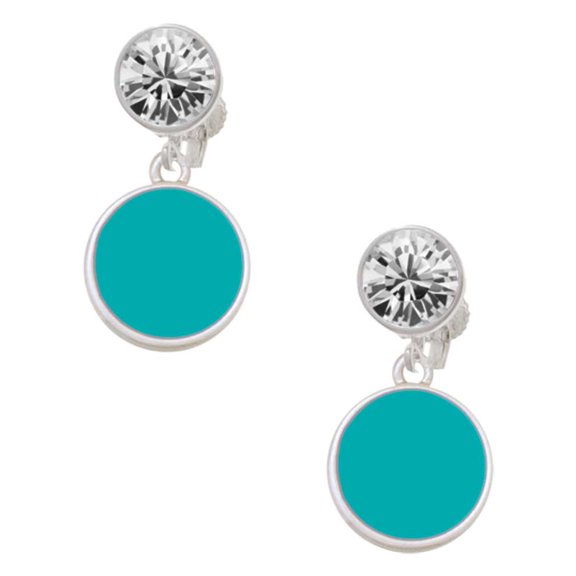 Silvertone Small Teal Enamel Disc Clear Crystal Clip On Earrings
