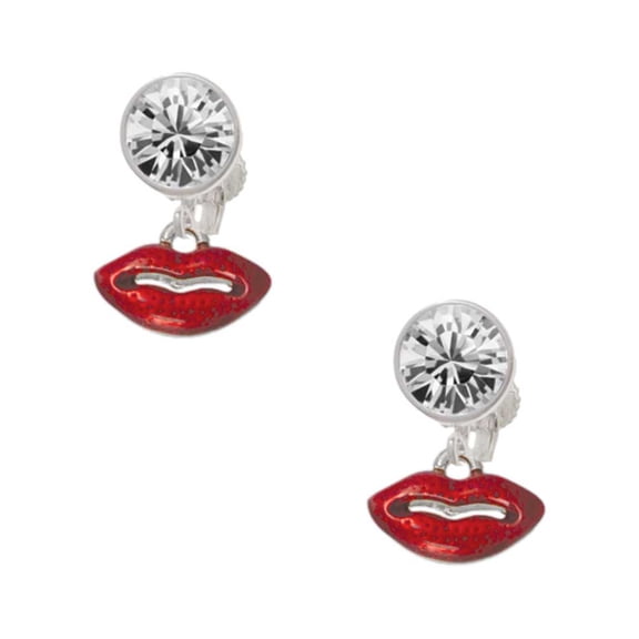 Silvertone Small Translucent Red Lips Clear Crystal Clip On Earrings