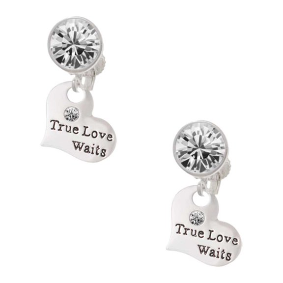 Silvertone Small True Love Waits Heart Clear Crystal Clip On Earrings