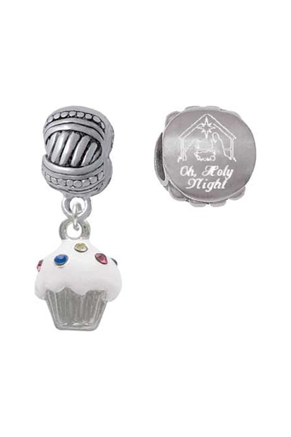 Silvertone Small White Cupcake with Crystal Sprinkles Come Let us Adore Him Charm Beads (Set of 2)