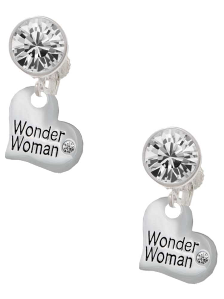 Silvertone Small Wonder Woman Heart Clear Crystal Clip On Earrings