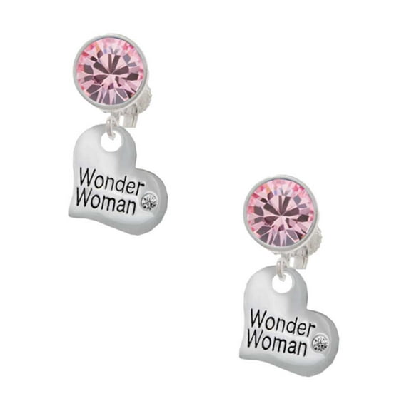 Silvertone Small Wonder Woman Heart Pink Crystal Clip On Earrings