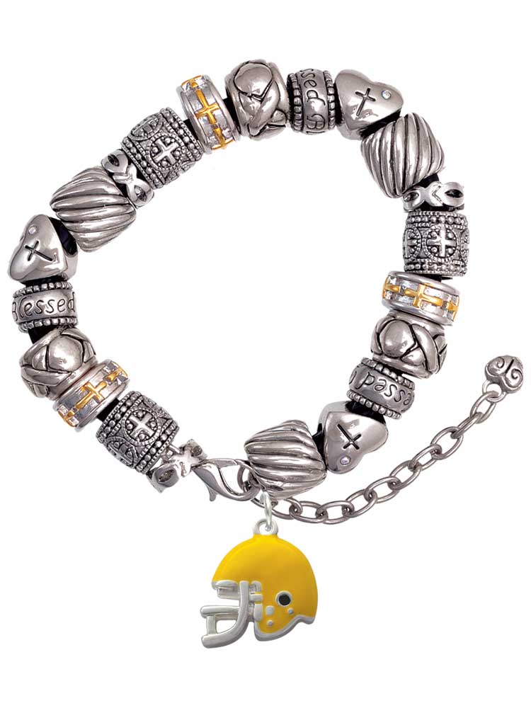 Silvertone Small Yellow Football Helmet Silver Tone Christian Bead Bracelet