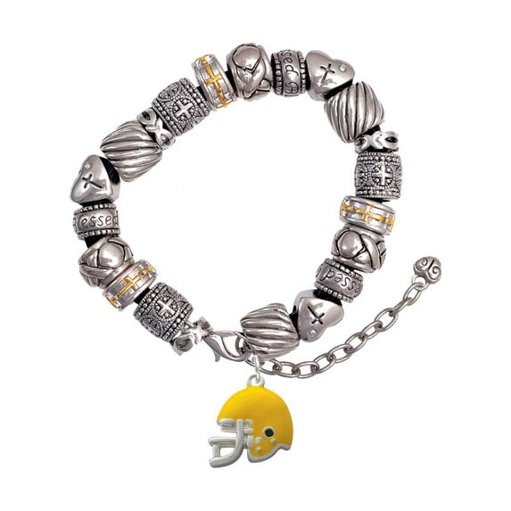 Silvertone Small Yellow Football Helmet Silver Tone Christian Bead Bracelet