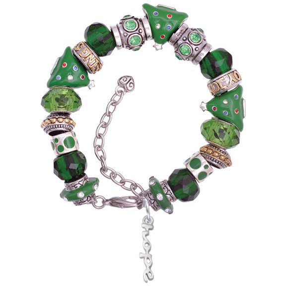 Silvertone Small hope Script Green Christmas Bead Bracelet