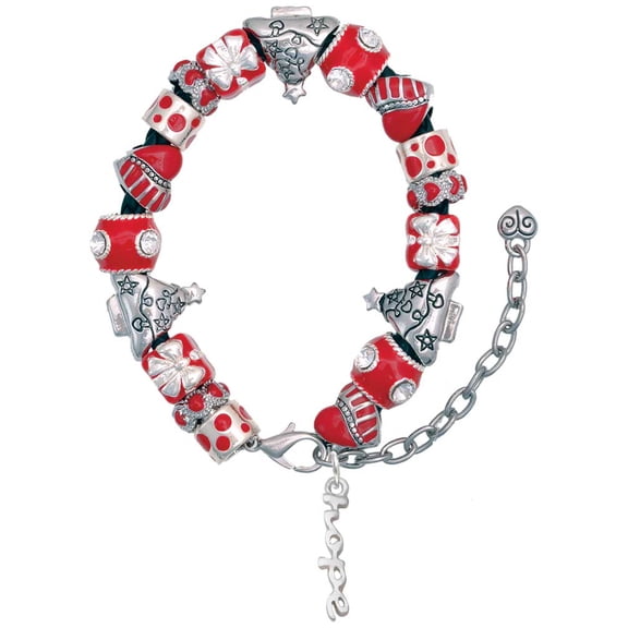 Silvertone Small hope Script Red Christmas Bead Bracelet