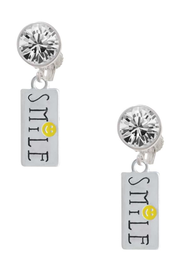 Silvertone Smile with Smiley Face Rectangle Clear Crystal Clip On Earrings