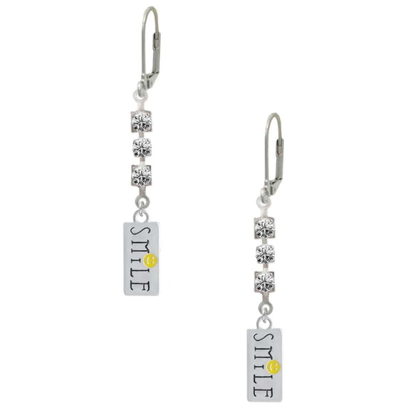 Silvertone Smile with Smiley Face Rectangle Crystal Madison Leverback Earrings