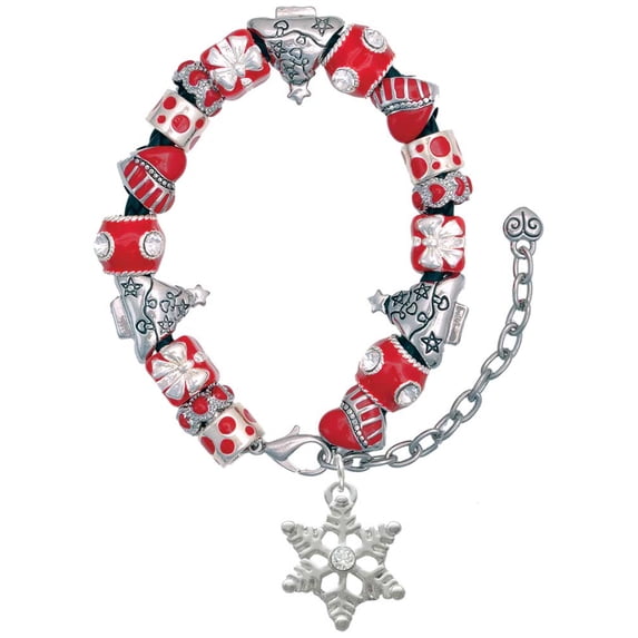 Silvertone Snowflake with Clear Crystal Red Christmas Bead Bracelet