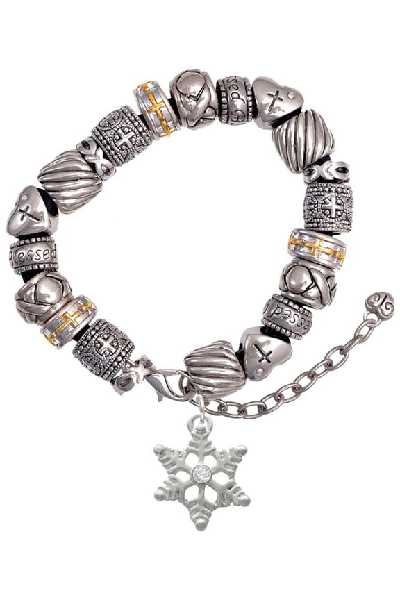 Silvertone Snowflake with Clear Crystal Silver Tone Christian Bead Bracelet