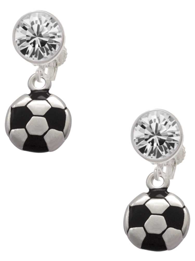 Silvertone Soccer ball Clear Crystal Clip On Earrings