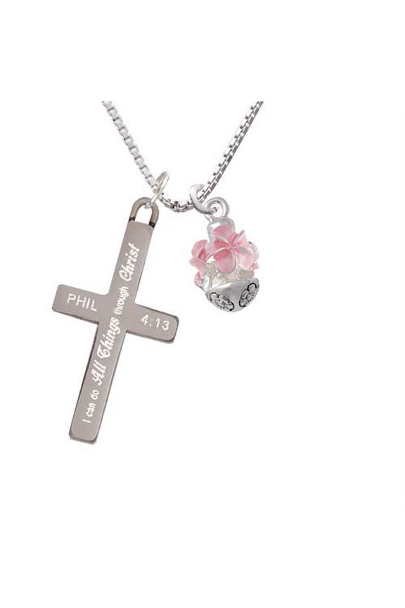Silvertone Soft Pink Plumerias - Silvertone Spinner - I Can Do All Things - Cross Necklace