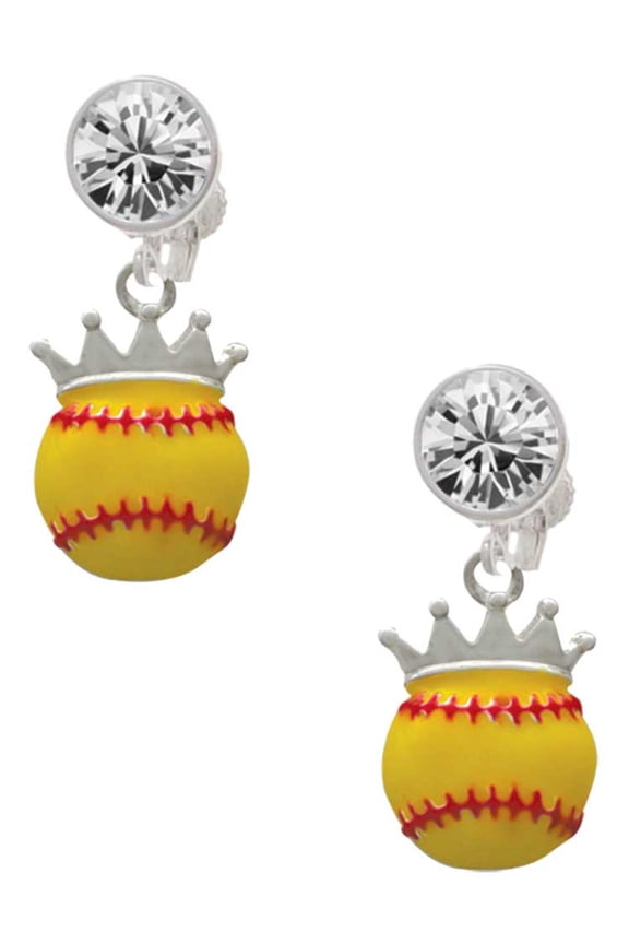 Silvertone Softball optic yellow - Crown Clear Crystal Clip On Earrings