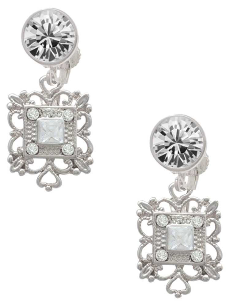 Silvertone Square AB Crystal with Filigree Clear Crystal Clip On Earrings