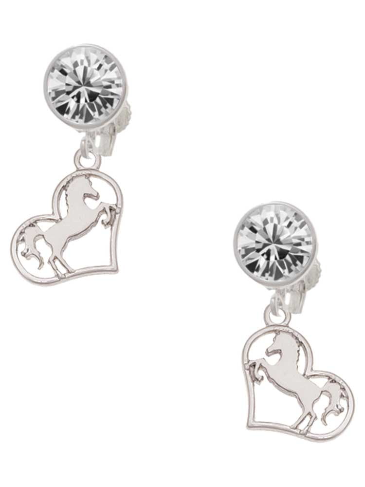 Silvertone Stallion Silhouette Heart Clear Crystal Clip On Earrings