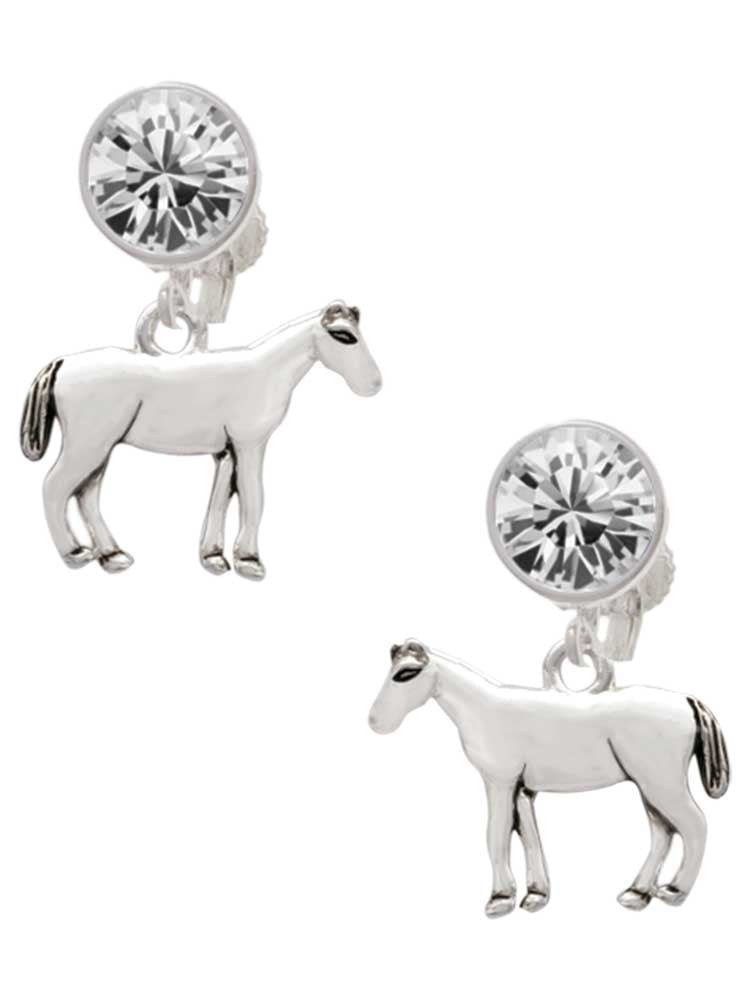 Silvertone Standing Horse Clear Crystal Clip On Earrings
