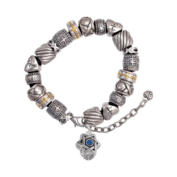 Silvertone Star of David with Blue Crystal Spinner Silver Tone Christian Bead Bracelet