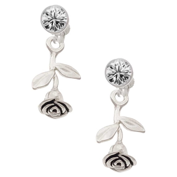 Silvertone Stemmed Rose Clear Crystal Clip On Earrings