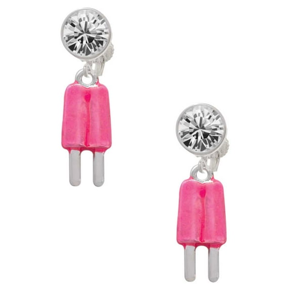 Silvertone Strawberry 2-D Popsicle Clear Crystal Clip On Earrings