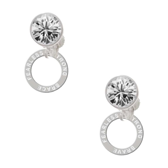 Silvertone Strong Brave Fearless Infinity Ring Clear Crystal Clip On Earrings