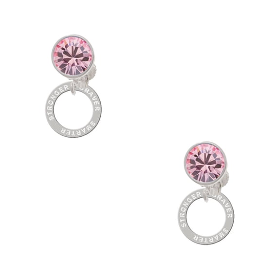 Delight Jewelry Silvertone Stronger Braver Smarter Infinity Ring Pink Crystal Clip on Earrings