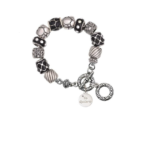 Silvertone Te Quiero Disc Black Pebble Bead Charm Bracelet