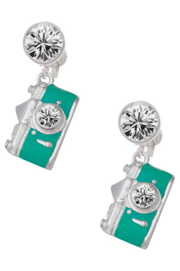Silvertone Teal Camera Clear Crystal Clip On Earrings