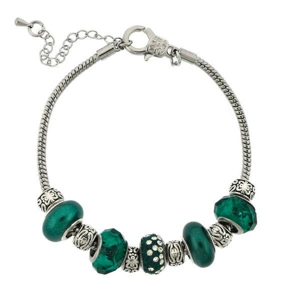 Silvertone Teal Mix Glass Beads Bracelet and Extender, 7.5"