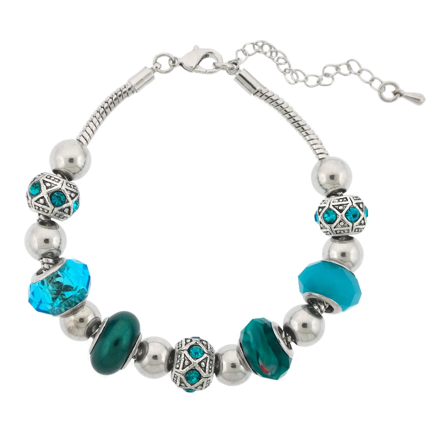 Silvertone Teal Mix Glass Beads Bracelet and Extender, 7.5"