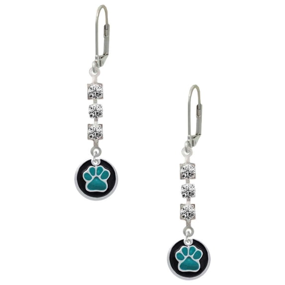 Silvertone Teal Paw on Black Disc Crystal Madison Leverback Earrings