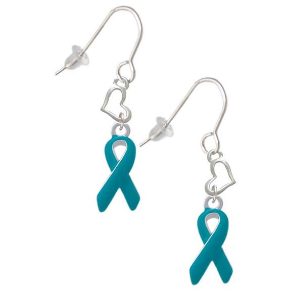 Silvertone Teal Ribbon Heart French Earrings
