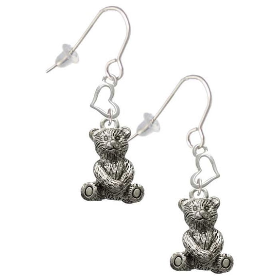Silvertone Teddy Bear Heart French Earrings